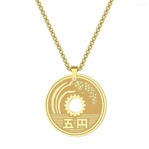 Pendant Necklaces Stainless Steel Lucky Japanese Coin Necklace 5 Yen Leather Cord Vintage Good Luck Simple Charm For Men And Women