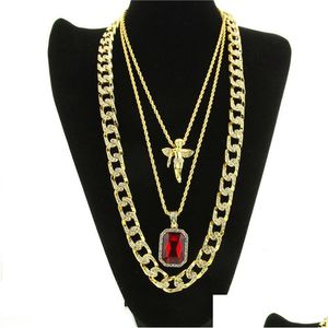 Collane con ciondolo Collana Hip Hop da uomo Rubino Moda catena a maglia cubana Gioielli 3 pezzi / set Pendenti con consegna a goccia Dhgarden Otaah