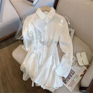 Abiti casual Camicia bianca in raso francese Abito da donna Manica lunga Slim Mini Estate Primavera Donna Elegante Vestidoe Abbigliamento da festa Abiti Y2K