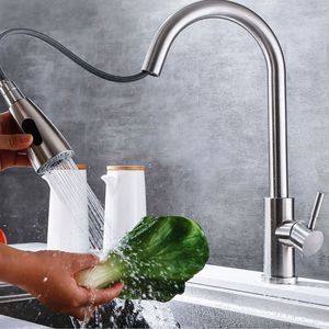 Kitchen Faucets Brushed Nickel Faucet Single Hole Pull Out Spout 360 Degree Rotating Mixer Stream Sprayer Head And Cold Tap 230411