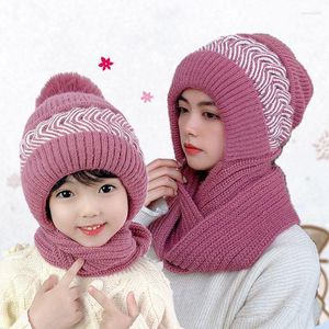 Beanies Beanie/Skull Caps In 1 Winter Parent-Child Knitted Hooded Scarf Beanie Mother-barn Hatt Hal Warmer With Pompom varm öronmuff