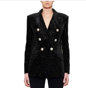 New Top Quality women velvet Blazers famous Designer Double-Breasted Slim fit Full Sky Star Sequins Jacket Silver buckles lapel collar oversized Outwear coats 2XL