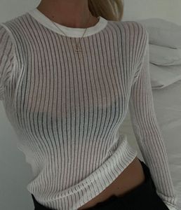 2023 Fashion White Elegant Striped See Through Women Tops Outfits Long Sleeve T-shirts Tees Skinny Club Party Clothes 2304117