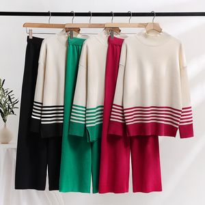 Calças femininas de duas peças novo outono inverno malha perna larga camisola calças conjunto casual gola contraste cor listrado grosso solto conjunto de duas peças feminino 2024