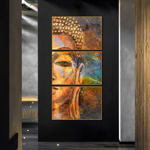 Malowanie Streszczenie 3 Panel Golden Buddha Canvas Nowoczesne plakaty i drukuje zdjęcia sztuki ściennej do dekoracji domu w salonie