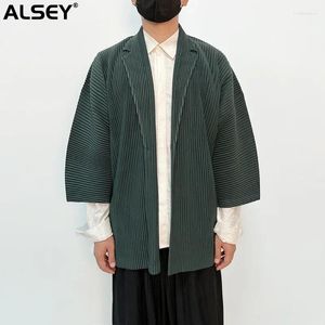 Мужские костюмы ALSEY Miyake, плиссированная драпировка, простая мужская куртка, модные пальто, черный формальный смарт-повседневный пиджак на пуговицах с отложным воротником