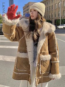 女性用毛皮のランレム冬濃い温かいフード付きコート女性ファッションポケットコントラストカラードローストリングデザインジャケット2023衣類23872