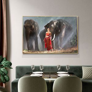 Painting Elephant With Beautiful Women Oil on Canvas Scandinavian Posters and Prints Cuadros Wall Art Pictures For Living Room