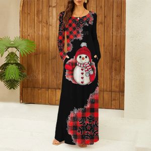 Grundlegende Freizeitkleider für den Weihnachtstag, langes Kleid mit Farbverlauf, Schneemann-Aufdruck, weibliches Pulloverkleid, Winterurlaub, Taschenkleider, elegante Damenbekleidung 231110