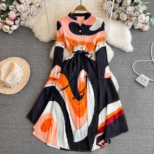 Women Basic Casual Dresses Autumn Pleated Midi Dress New Elegant Women's Round Collar Single Breasted Geometry Printed Lace Up Loose A Line Vestidos 2024