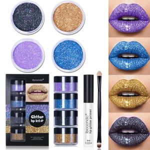 Lip Gloss 1set Glitter Kit Primer Cosméticos Lábios Maquiagem Pincel de Pó Brilhante