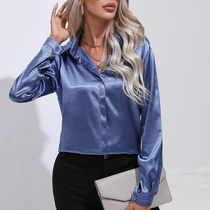 Kvinnors blusar Summer Blue Silk Woman Shirt Button Up Satin Office Casual Blus Kvinnor Lossa långärmad solida toppar Skjortor Elegant Blusas