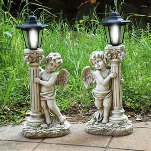 Garden Decorations Antique Angel With Solar Powered Lamp For Outdoor Courtyard Resin Ornaments Light Decoration