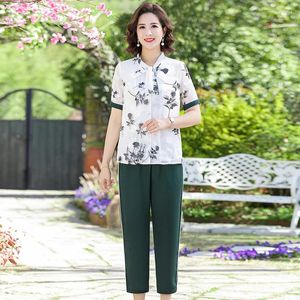 Women's Two Piece Pants 2003 Summer 2 Set T-Shirts Women Short Sleeve Tops Pant Suit Casual Loose Middle Aged Mother Clothes