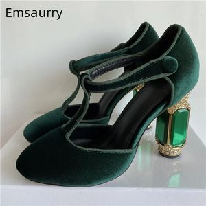 Dress Shoes Luxury Emerald Agate Chunky Heel Wedding Shoes Jeweled High Heel Shoes T-strap Green Velvet Round Toe Rhinestone Pumps Women 231110