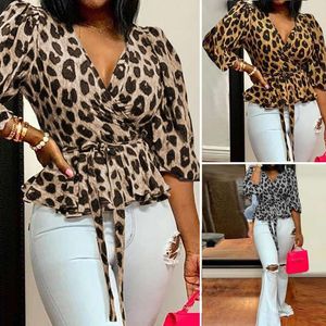 Mulheres plus size leopardo impressão manga longa topos camisas moda blusa túnica casual camisa feminina sexy decote em v