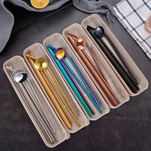 Stainless Steel Drink Pearl Milkshake Bubble Tea Straw Spoon Bar Accessories Colorful Reusable Metal Drinking Sets Straws1914