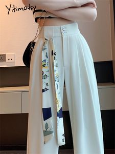 Damskie spodenki Jitimoky White High Tartle Pants for Women Spring Koreańska moda na guziki szerokie nogi biura panie swobodne spodnie 230412