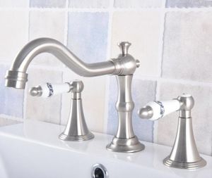 Bathroom Sink Faucets Brushed Nickel Brass Deck Mounted Basin Faucet Widespread Vanity Mixer Tap Three Holes/Two Handles Anf684