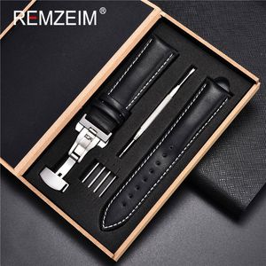Titta på band Remzeim Soft Calfskin Leather Watchband 18mm 20mm 22mm 24mm remmar Automatiska fjärils låsåtåt tillbehör med ruta 230412