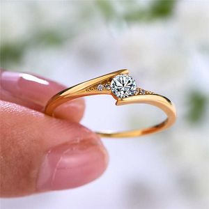 Bandringe Minimalistischer weiblicher kleiner runder Steinring Niedlicher Versprechens-Gelbgold-Verlobungsring Boho Vintage-Eheringe für Frauen AA230412