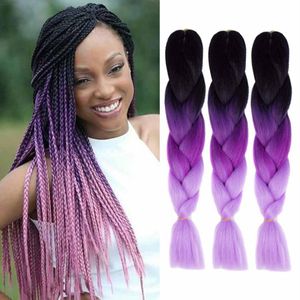 Jumbo Braids 3Tone Ombre Synthetic Kanekalon Hair Extensions for DIY Crochet Box Braiding Black-Purple-Pink 24Inches