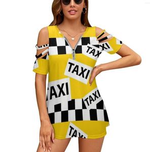 Damen T-Shirts York Yellow Yellow Muster Mode Mody Reißverschluss von Schultertop Kurzarm Frauen Shirt Taxis