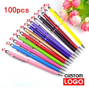 Penne a sfera 100 Penne di ogni pacchetto Mini Metal 2in1 Stylus Universal Ballpoint Pen Testo Incisione della scuola pubblicitaria Ufficio Custom Hoffer Advertising Pen 230412