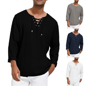 Herren T-Shirts Herren Lose Hemden T-Shirt Langarm Baumwolle Henley T-Shirt Mittelalterliche Schnürung O-Ausschnitt Outdoor-Oberteile Modemarke Lässige Bluse 230412