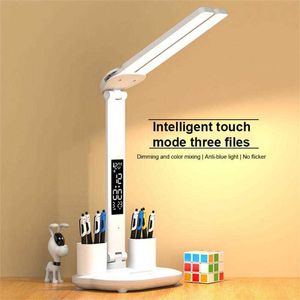 Skrivbordslampor LED dubbelhuvud skrivbordslampa USB Dimble Touch Foldbar bordslampa med pennhållare för sovrumsläsningslampa de chevet lampa p230412