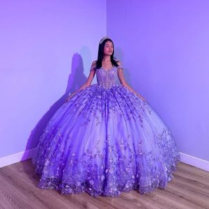 Purple Shiny Puffy Princess QuinCeanera Dresses 2024 Off Axel Beads 3d Floral Gillter paljetter Lace-Up Corset Vestidos 15 Anos Rosa