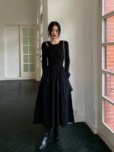 Grundläggande avslappnade klänningar vintage stickning maxi bröllopsklänningar för kvinnor kläder o nackkontor lady casual fickor bodycon midi klänning vinter svart 231110