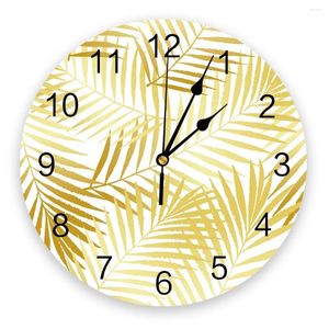 Relógios de parede Planta Tropical Folhas de Palma Relógio Amarelo Design Moderno Decoração de Sala de estar Relógio Mudo Decoração Interior de Casa