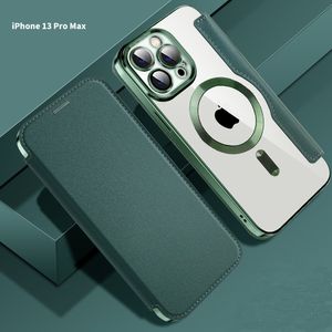 Premium Leather Fold Wallet Case For Magsafe Case For iPhone14 13 12 11Promax 14Plus Wireless Charging Plating Clear Flip Bumper Cover