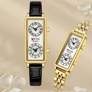 Orologi da polso Orologio al quarzo da donna Lusso Dual Time 2 Movimento Quadrante Orologio in acciaio inossidabile Reloj Rettangolo Ore Orologio da polso da donna in oro nero