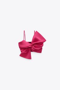 Canotte estive da donna nuovo cinturino per spaghetti color rosa asimmetrico grande fiocco crop top corto bustier camis S M L