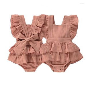 Rompers 2023 Summer Born Baby Girls Bodysuits Clothes Princess Ruffle Cotton Jumpsuit Cute Toddler Backless Lace Up Bow Beach Outfits