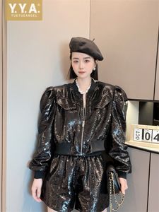 Women s Tracksuits Fashion Bling Sequined Jacket Shorts Two Piece Party Nightclub Long Sleeve Short Coat Wide Leg Female 230411