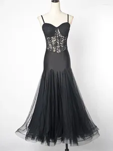 Scene Wear Black Standard Ballroom Dance Dresses 2023 Avancerad Sexig spetsvaltdans kjol Kvinnlig tävlingsklänning