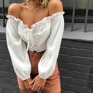 Bloups feminina camisas 2023 Summer off ombro Sexy Women Blouse Lace Up Up Sleeve Longa Brandagem curta sólida Tops cortados laranja laranja laranja