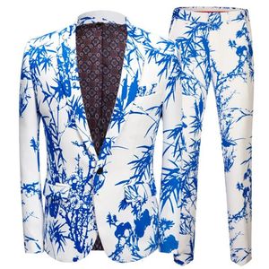 Herrenanzüge-Blazer, Bambus-Druck, Herren-Blazer, große Größe, chinesischer Stil, blaues Nachtclub-Bühnenshow-Kleid, europäische Weste, Kostüm, Herrenmode, 231110