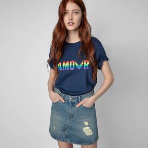 23 sommar ny fransk populära kvinnors t-shirt zadig voltaire kontrast brev regnbåge tryck rund halsblå kvinnors korta ärm t-shirt