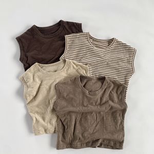 T-Shirts İnce Pamuklu Kolsuz Erkekler Katı Erkekler Sıkı En İyi Yaz Bebek Nefes Alabilir Yelek Moda Kız Günlük T-Shirt 230412