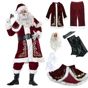 Noel Süslemeleri 9pcs Velvet Deluxe Noel Baba Baba Cosplay Suit Kostüm Yetişkin Süslü Elbise Tam Setler264r