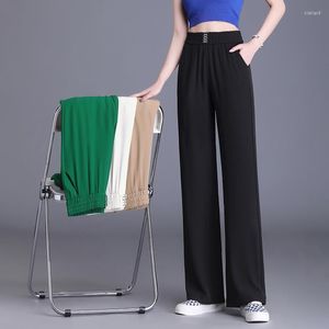 レディースパンツZuzk夏の多色のアイスシルクライクラワイドレッグエラスティックウエスト女性ファッションストレート4colors