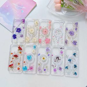 Magnet Wireless Charging Cases For Iphone 15 Plus 14 Pro Max 13 12 Dry Flower Pressed Hard Acrylic PC Plastic TPU Bling Glitter Sequin Sparkle Magnetic Phone Back Cover