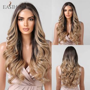 Synthetic Wigs Easihair Brown Blonde Ombre Lace Front Synthetic Wigs Long Wavy Frontal Natural Wig for Women with Baby Hair Cosplay 230227