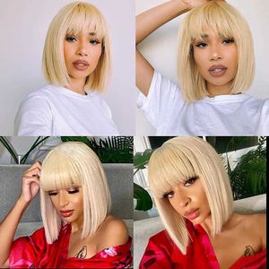 Парики волос 613 Blonde Короткий прямой боб парик с челкой для чернокожих женщин, бразильская Remy Human Full Machin