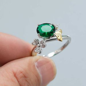 Pierścienie opaski owalny zielony kamień pierścień srebrny kolor rośliny pierścienie kwiatowe dla kobiet opaski weselne żeńskie obietnice zaręczynowe pierścionek cyrkon biżuteria AA230412