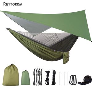 Hammocks Camping Hammock with Rain Fly Tarp and Mosquito Net Tent Tree Straps Portable Single Double Nylon Parachute Hammock for Travel 230412